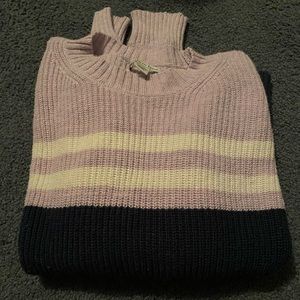 purple, white, & navy blue striped sweater.